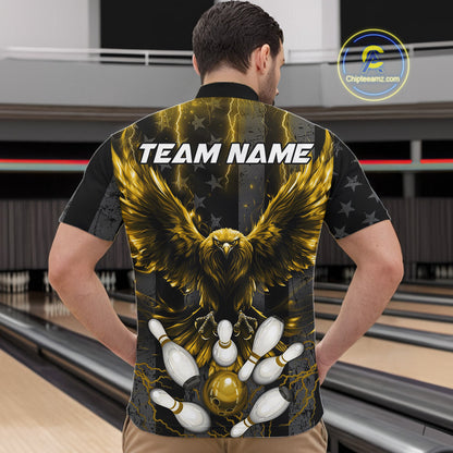 Back view of man wearing a yellow lightning eagle bowling quarter zip shirt in a bowling alley.