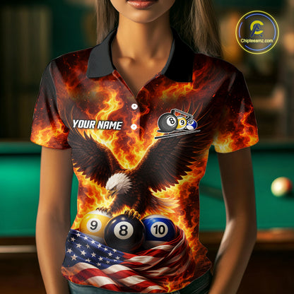 Personalized Flame Eagle 8 Ball, 9 Ball & 10 Ball US Flag Billiard Shirt For Women, Pool Team Jersey TDM5853
