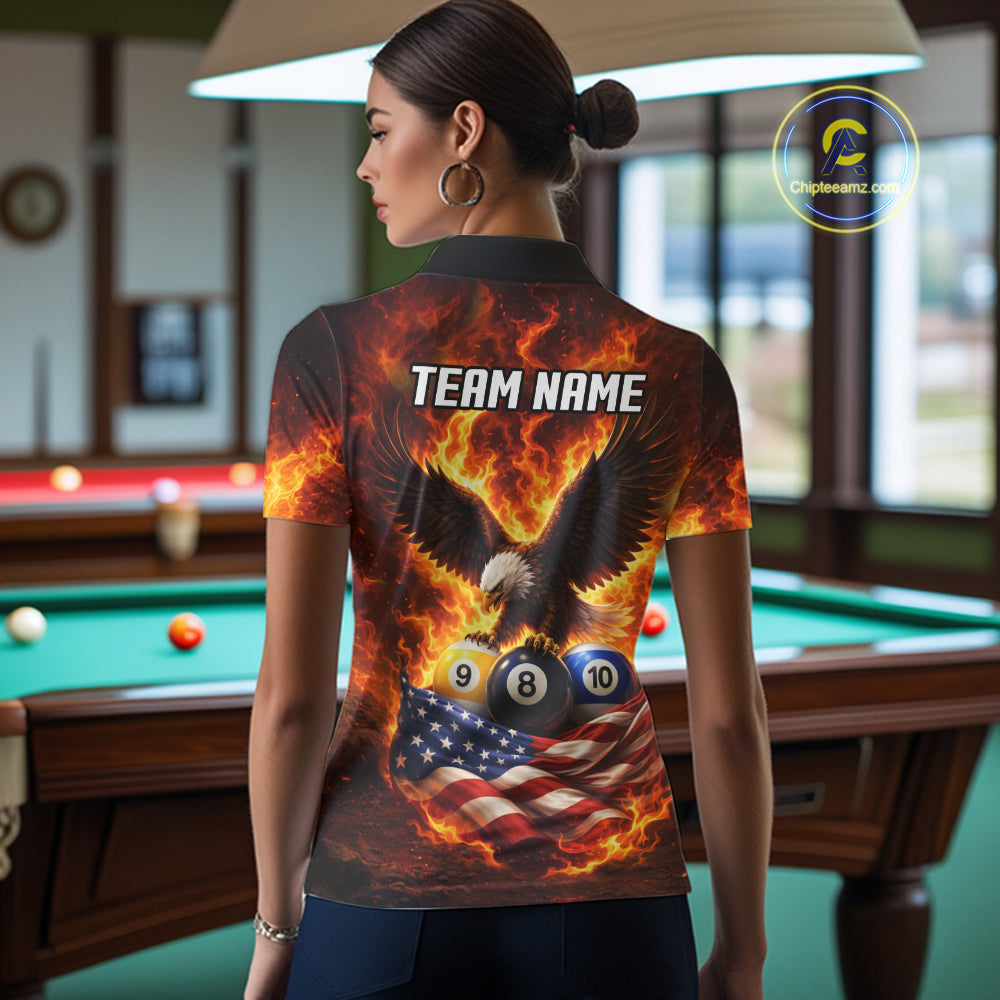 Personalized Flame Eagle 8 Ball, 9 Ball & 10 Ball US Flag Billiard Shirt For Women, Pool Team Jersey TDM5853