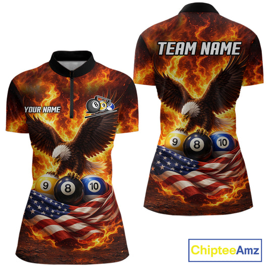 Personalized Flame Eagle 8 Ball, 9 Ball & 10 Ball US Flag Billiard Shirt For Women, Pool Team Jersey TDM5853