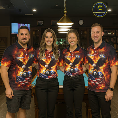 Personalized Flame Eagle 8 Ball, 9 Ball & 10 Ball US Flag Billiard Shirt For Women, Pool Team Jersey TDM5853