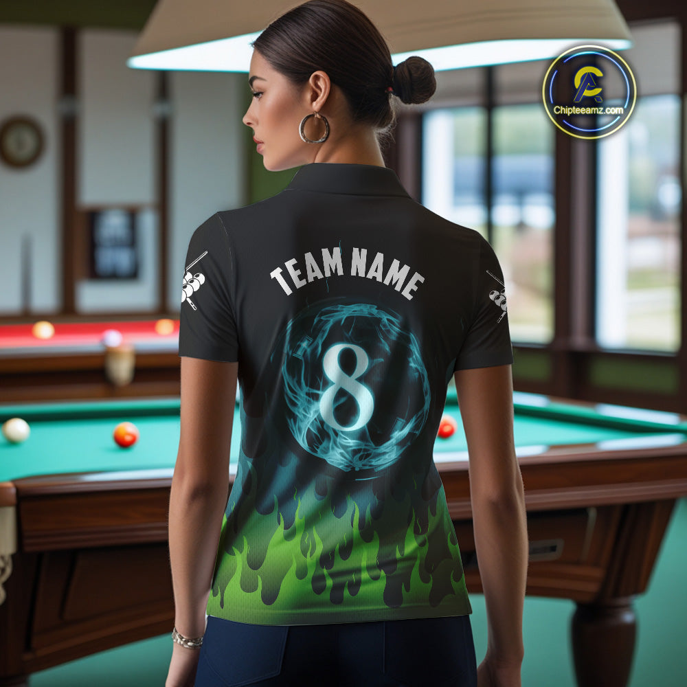 Green And Blue Flaming 8 Ball Pool Women Billiard Polo & 1/4 Zip Custom Pool Team Player Jersey TDM3828