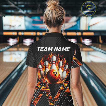 Personalized Fire Flame Bowling Jersey For Women Custom Bowling Team Shirt Polo & 1/4 Zip |Orange TDM6238