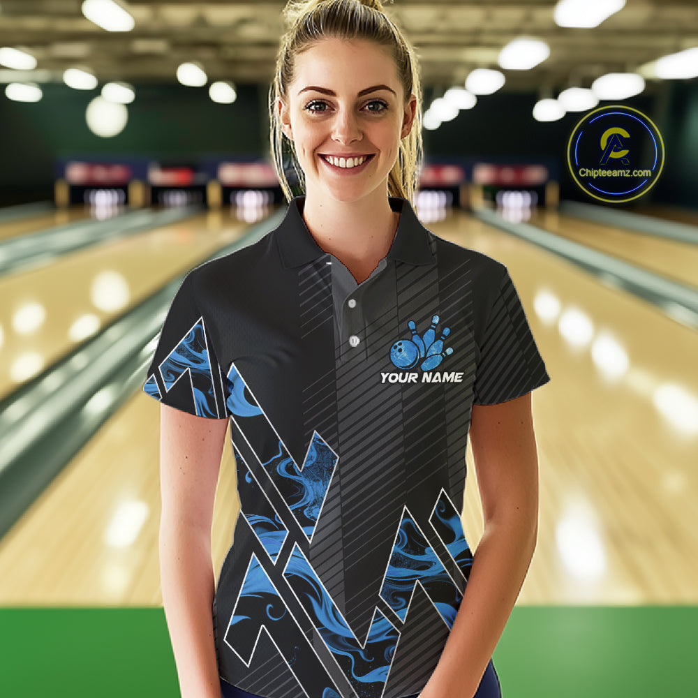Personalized Fire Flame Bowling Jersey For Women Custom Bowling Team Shirt Polo & 1/4 Zip |Blue TDM6239