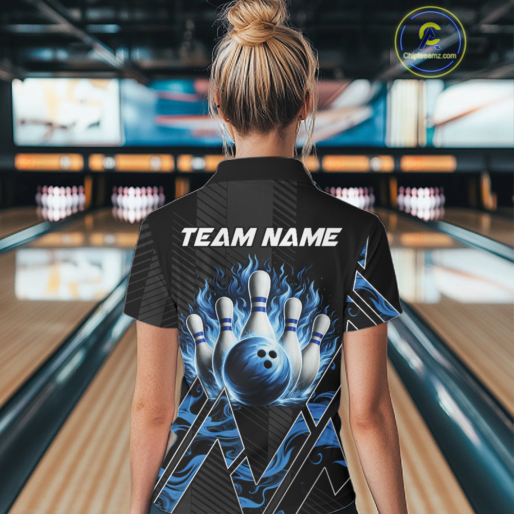 Personalized Fire Flame Bowling Jersey For Women Custom Bowling Team Shirt Polo & 1/4 Zip |Blue TDM6239