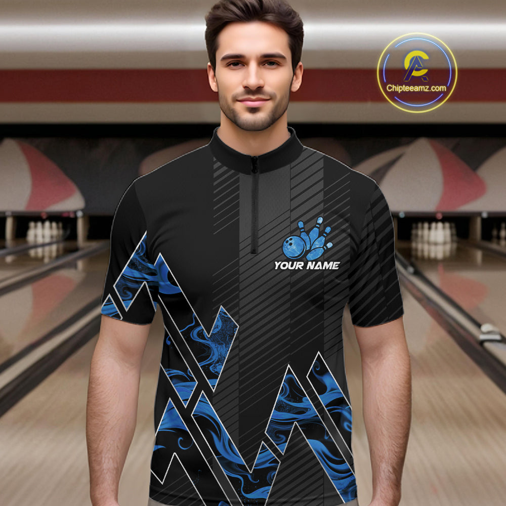 Personalized Fire Flame Bowling Jersey For Men Custom Bowling Team Shirt Polo & 1/4 Zip |Blue TDM6239