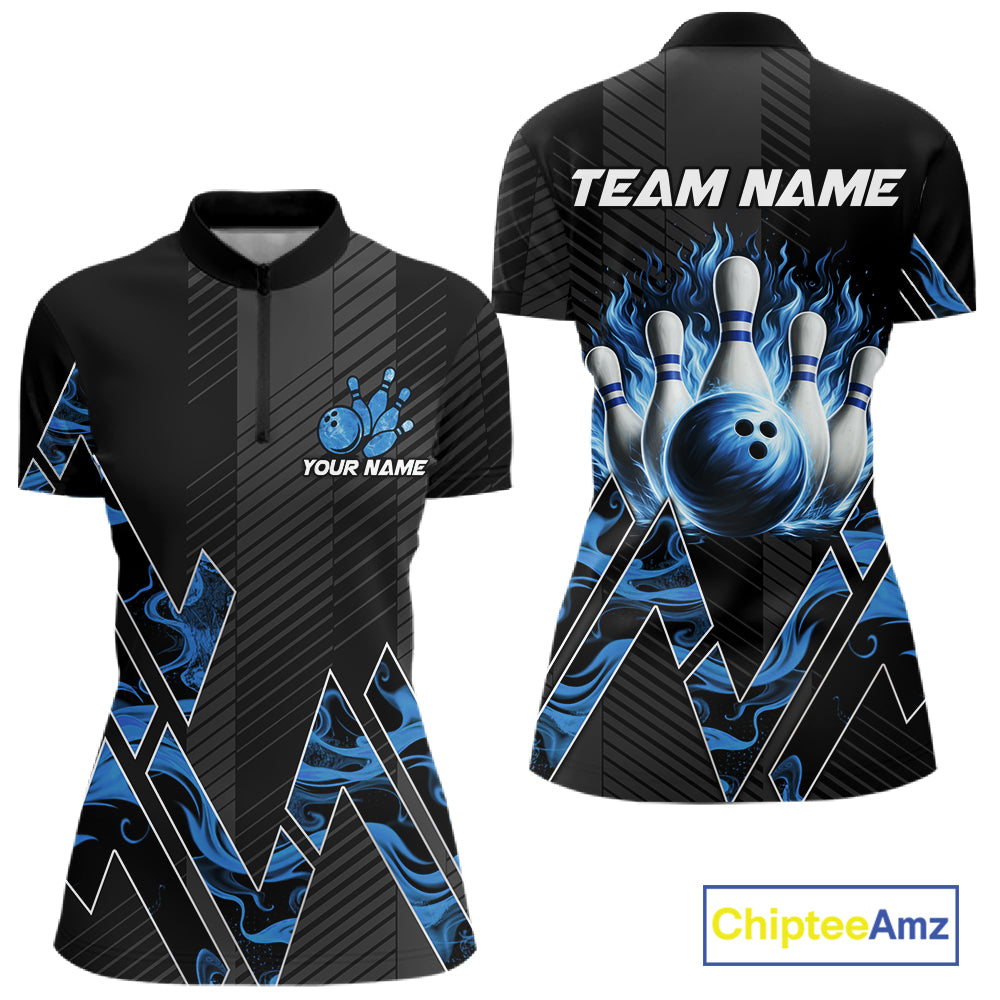 Personalized Fire Flame Bowling Jersey For Women Custom Bowling Team Shirt Polo & 1/4 Zip |Blue TDM6239