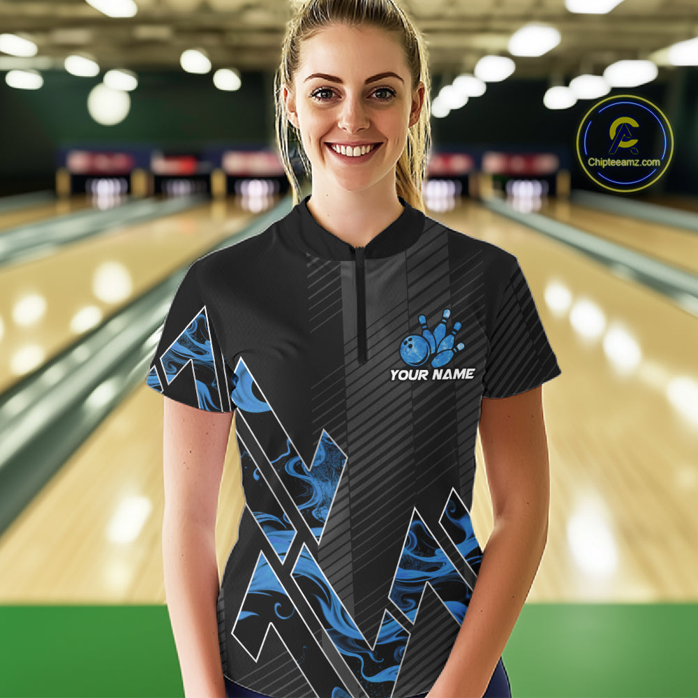 Personalized Fire Flame Bowling Jersey For Women Custom Bowling Team Shirt Polo & 1/4 Zip |Blue TDM6239