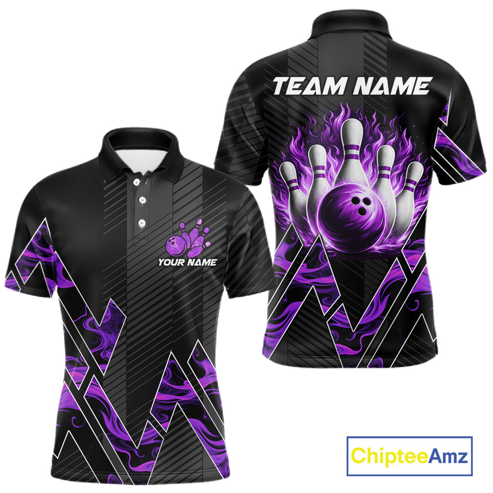 Personalized Fire Flame Bowling Jersey For Men Custom Bowling Team Shirt Polo & 1/4 Zip |Purple TDM6240