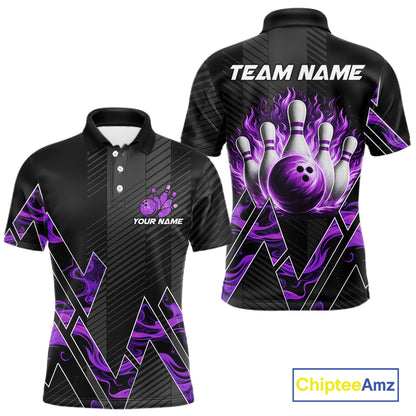 Personalized Fire Flame Bowling Jersey For Men Custom Bowling Team Shirt Polo & 1/4 Zip |Purple TDM6240