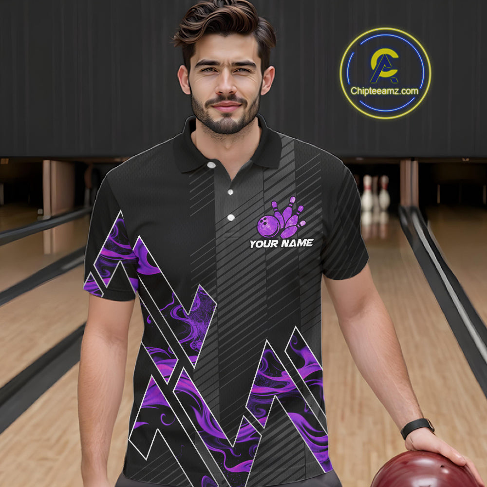 Personalized Fire Flame Bowling Jersey For Men Custom Bowling Team Shirt Polo & 1/4 Zip |Purple TDM6240