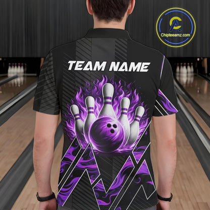 Personalized Fire Flame Bowling Jersey For Men Custom Bowling Team Shirt Polo & 1/4 Zip |Purple TDM6240