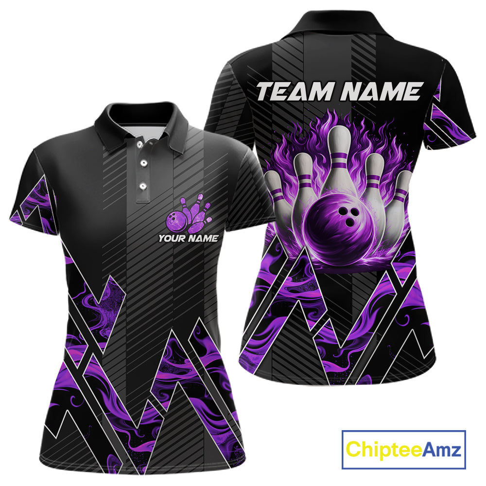 Personalized Fire Flame Bowling Jersey For Women Custom Bowling Team Shirt Polo & 1/4 Zip |Purple TDM6240