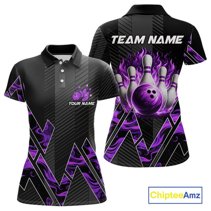 Personalized Fire Flame Bowling Jersey For Women Custom Bowling Team Shirt Polo & 1/4 Zip |Purple TDM6240