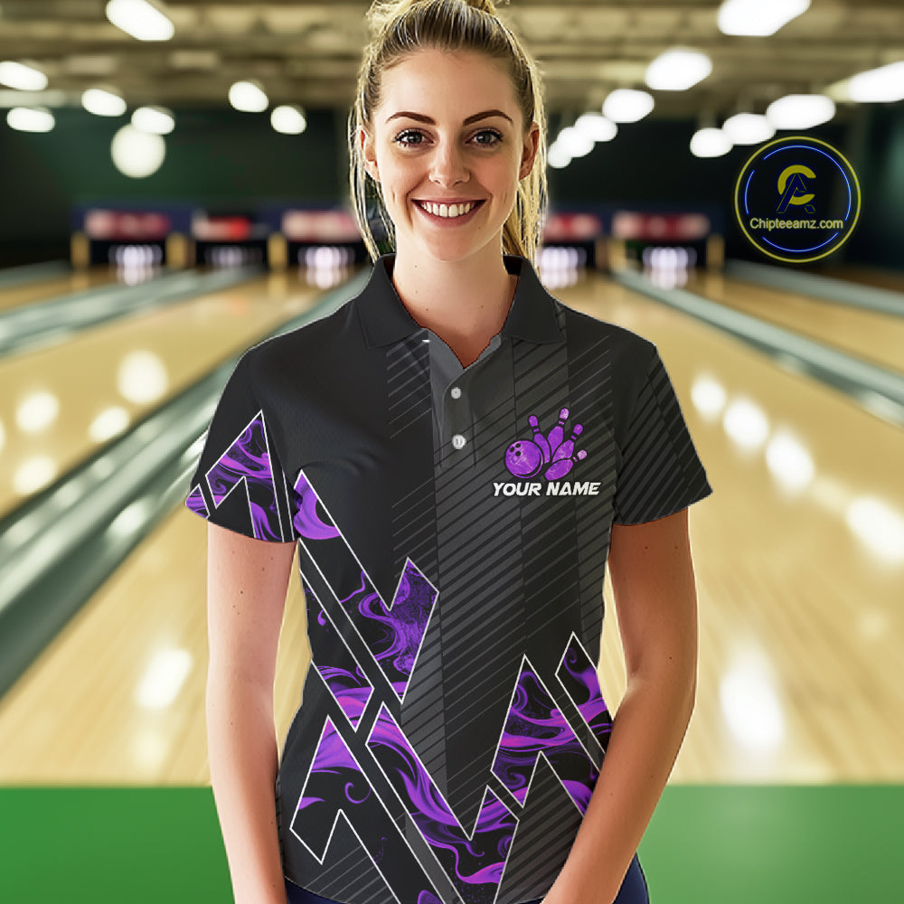 Personalized Fire Flame Bowling Jersey For Women Custom Bowling Team Shirt Polo & 1/4 Zip |Purple TDM6240