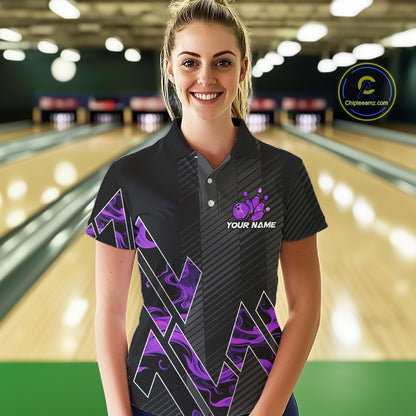 Personalized Fire Flame Bowling Jersey For Women Custom Bowling Team Shirt Polo & 1/4 Zip |Purple TDM6240