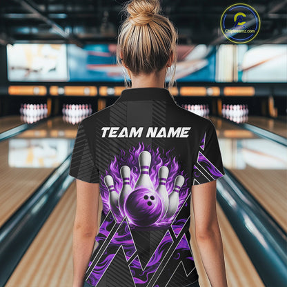 Personalized Fire Flame Bowling Jersey For Women Custom Bowling Team Shirt Polo & 1/4 Zip |Purple TDM6240