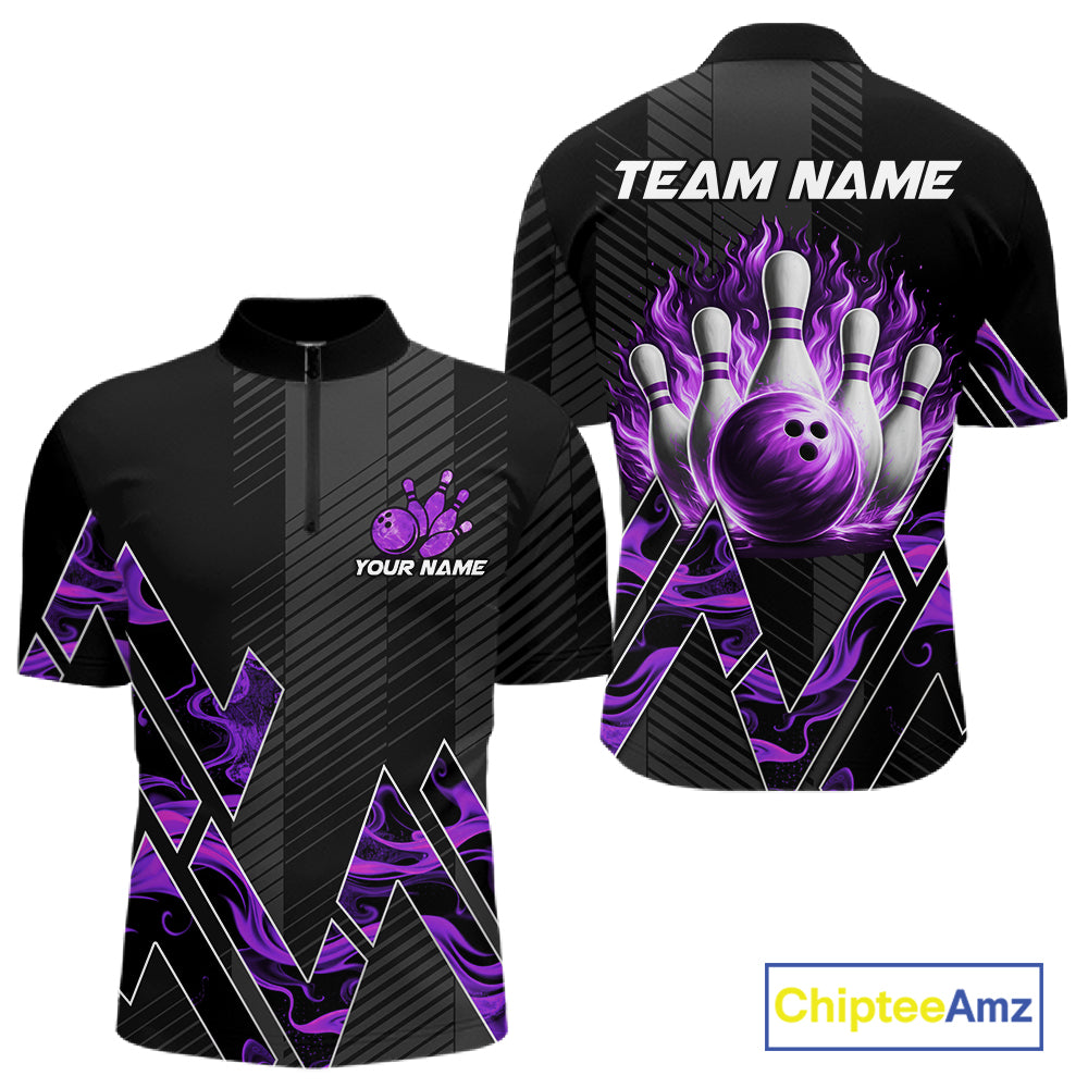 Personalized Fire Flame Bowling Jersey For Men Custom Bowling Team Shirt Polo & 1/4 Zip |Purple TDM6240