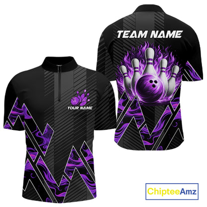 Personalized Fire Flame Bowling Jersey For Men Custom Bowling Team Shirt Polo & 1/4 Zip |Purple TDM6240