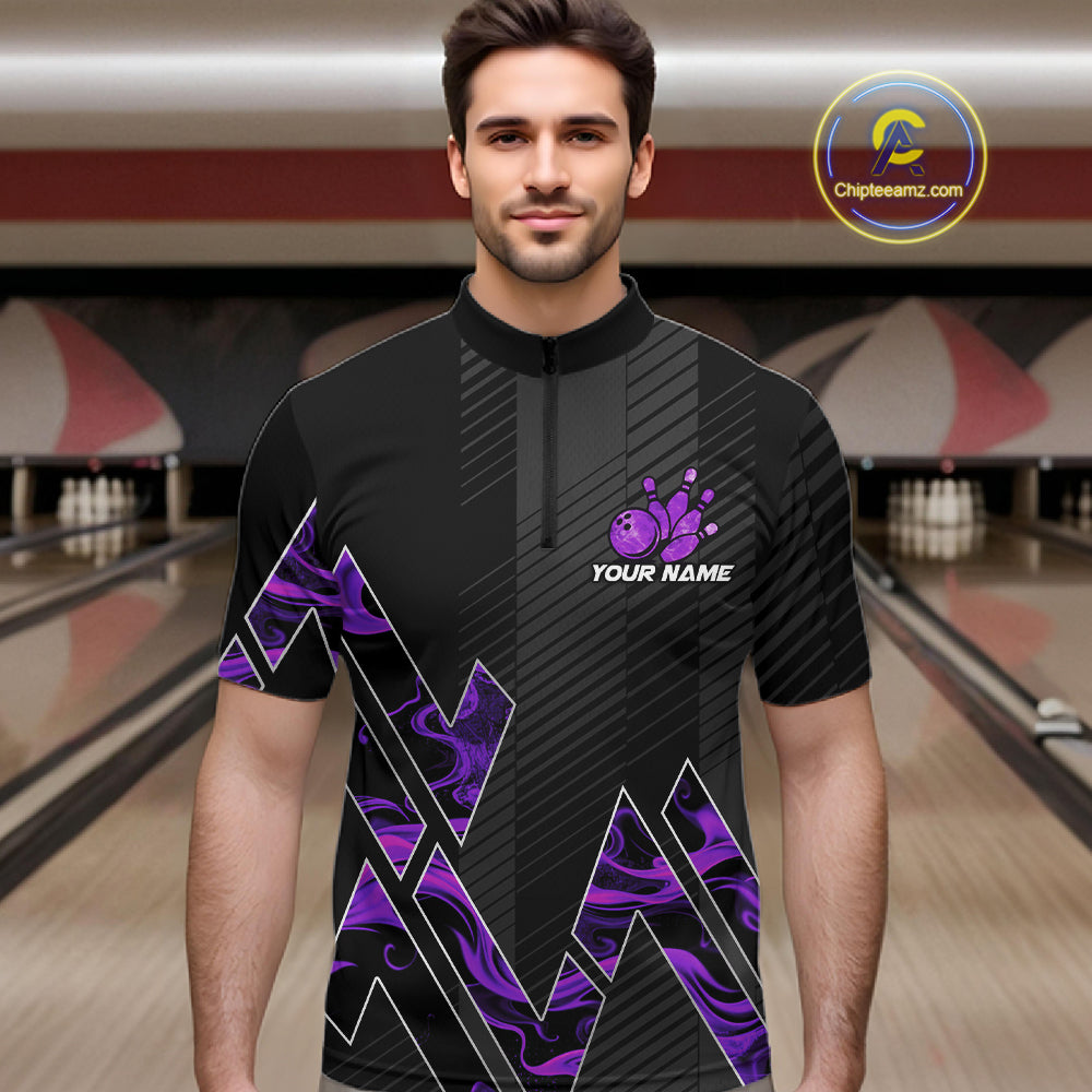 Personalized Fire Flame Bowling Jersey For Men Custom Bowling Team Shirt Polo & 1/4 Zip |Purple TDM6240