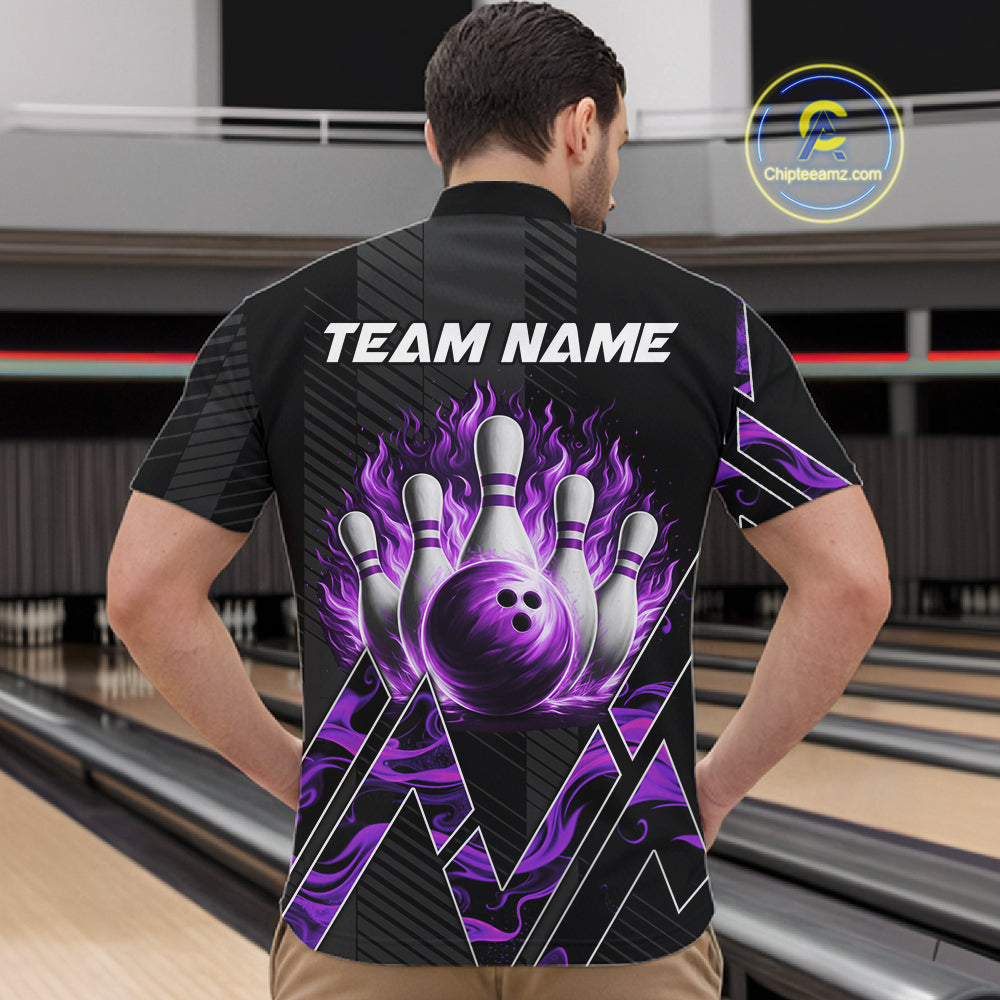 Personalized Fire Flame Bowling Jersey For Men Custom Bowling Team Shirt Polo & 1/4 Zip |Purple TDM6240