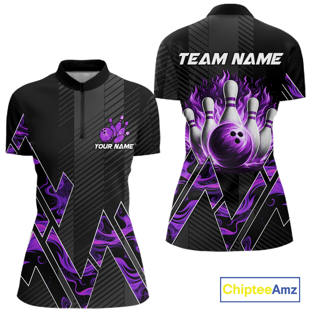 Personalized Fire Flame Bowling Jersey For Women Custom Bowling Team Shirt Polo & 1/4 Zip |Purple TDM6240
