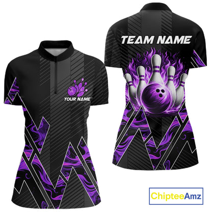 Personalized Fire Flame Bowling Jersey For Women Custom Bowling Team Shirt Polo & 1/4 Zip |Purple TDM6240