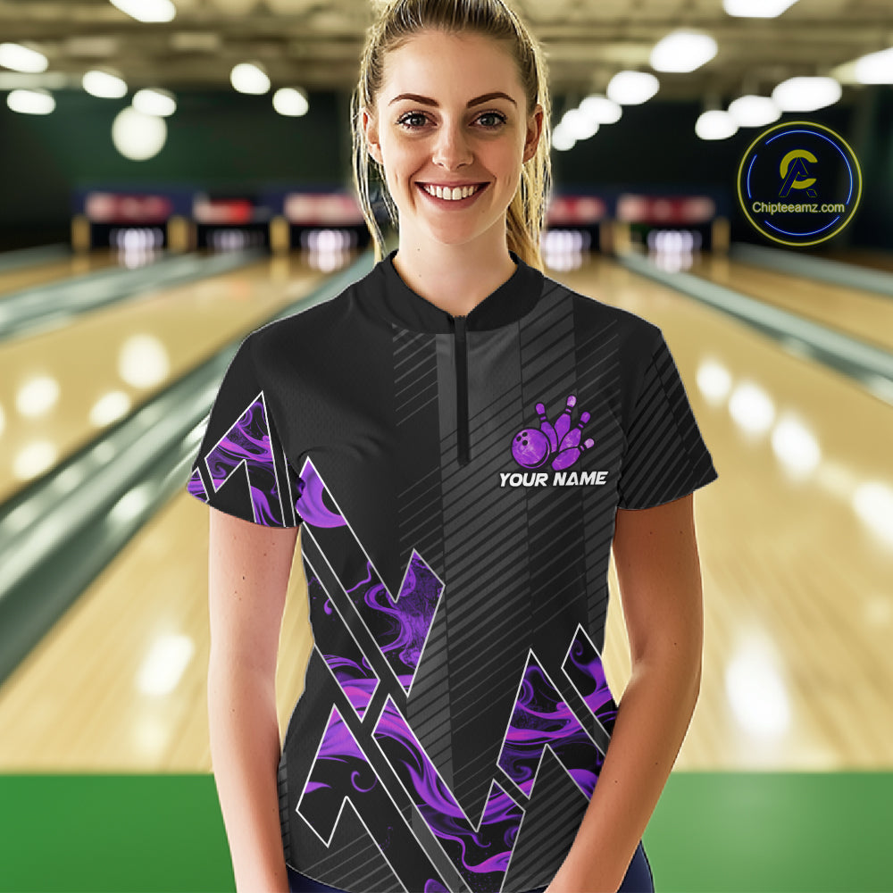 Personalized Fire Flame Bowling Jersey For Women Custom Bowling Team Shirt Polo & 1/4 Zip |Purple TDM6240