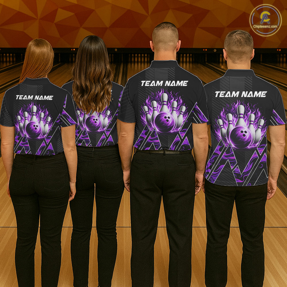 Personalized Fire Flame Bowling Jersey For Men Custom Bowling Team Shirt Polo & 1/4 Zip |Purple TDM6240
