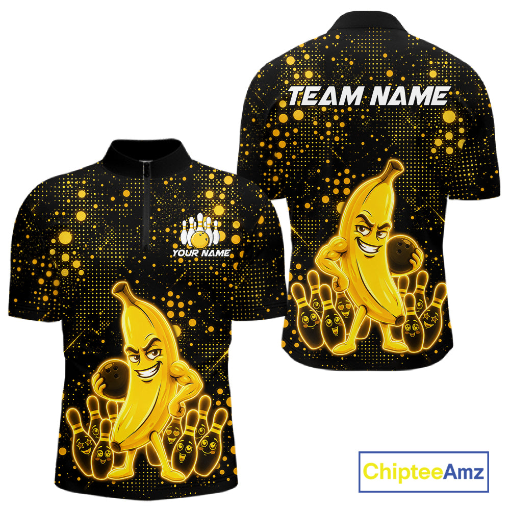 Black and yellow funny banana bowling team jersey quarter zip shirt for men featuring glowing funny banana bowling artwork, premium custom bowling apparel.