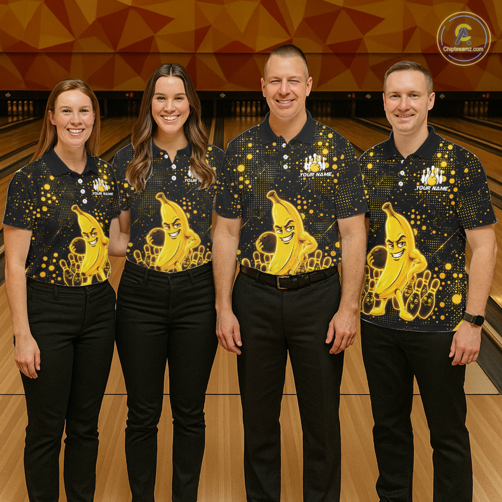 Bowling team wearing matching black and yellow funny banana bowling team jerseys, front view.