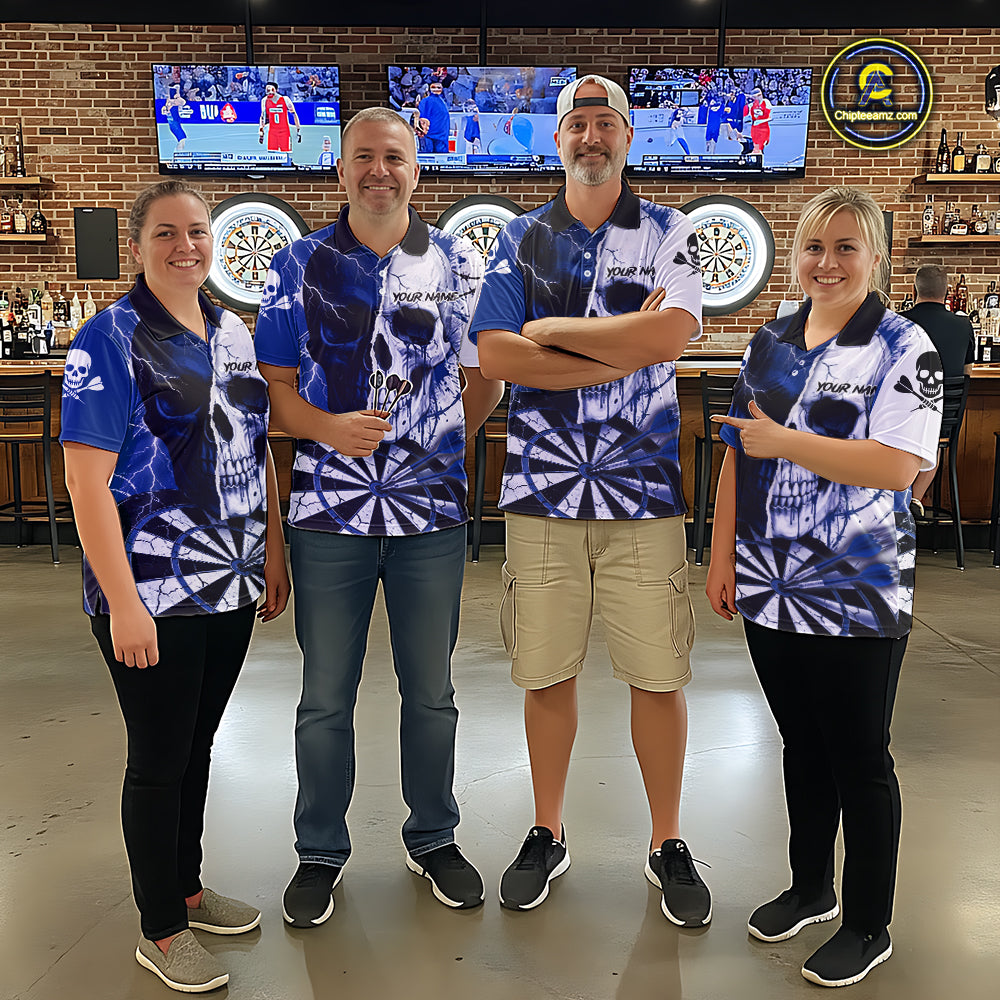 White & Blue Skull Dartboard Custom Men Dart Polo Shirt Retro Grunge Dart League Jerseys NYN2085
