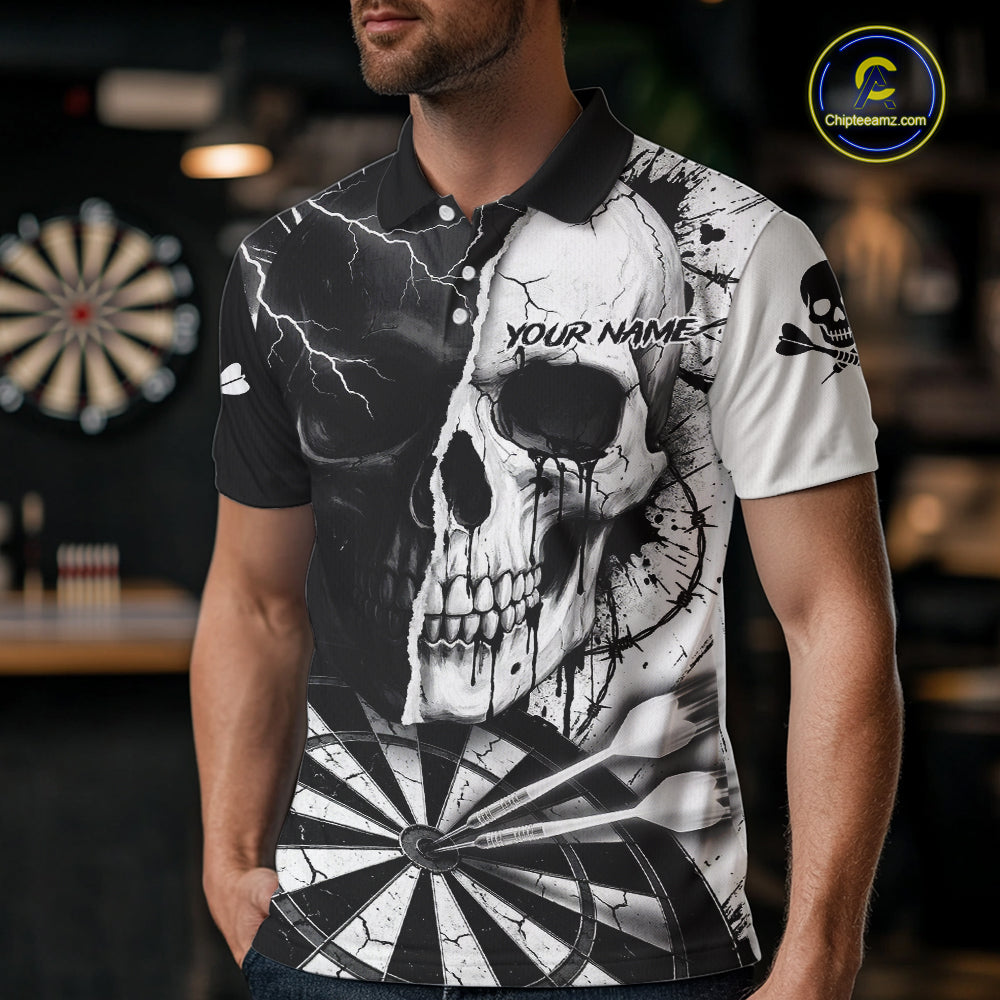 White & Black Skull Dartboard Custom Men Dart Polo Shirt Retro Grunge Dart League Jerseys NYN2086