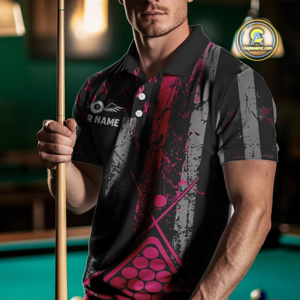 Custom Pink Ribbon Grunge US Flag Billiard Shirt For Men, Breast Cancer 8 Ball Pool Team Jersey TDM4500