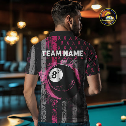 Custom Pink Ribbon Grunge US Flag Billiard Shirt For Men, Breast Cancer 8 Ball Pool Team Jersey TDM4500