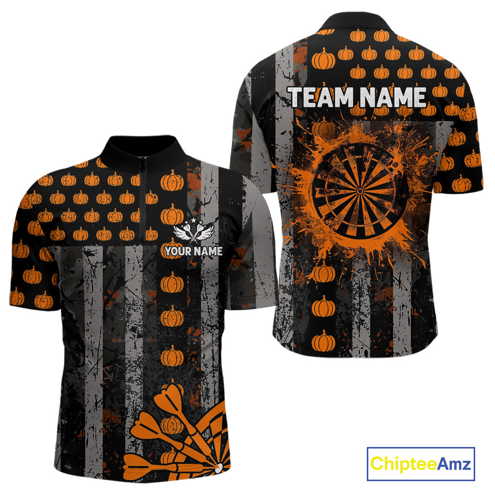 Personalized Orange Grunge US Flag Pumpkin Darts Shirt For Men, Halloween Darts Jersey Outfit TDM4502