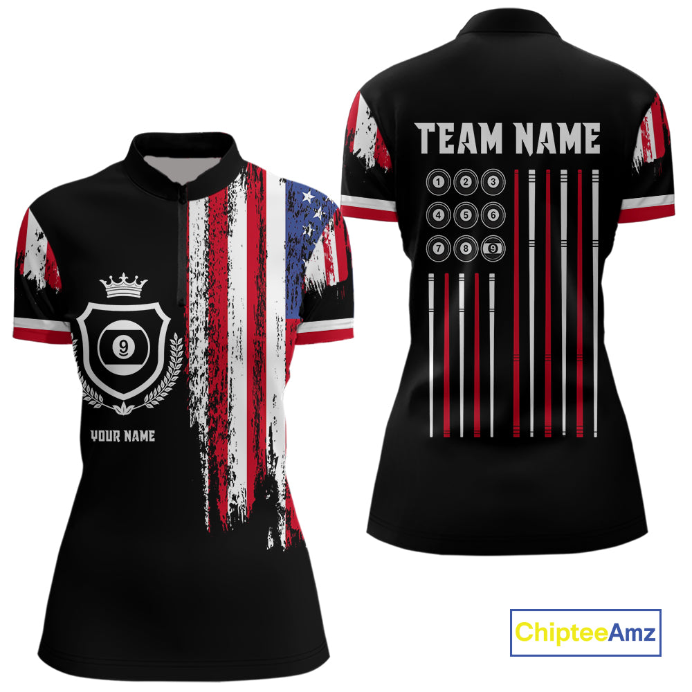 Personalized Grunge American Flag 9 Ball Pool Team Shirt For Women Custom Patriotic Billiard Shirts TDM4733