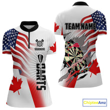 Load image into Gallery viewer, Personalized Women's Dart Shirts – Funny Canada &amp; US Flag Mix Custom Patriotic Darts Team Jerseys TDM4139