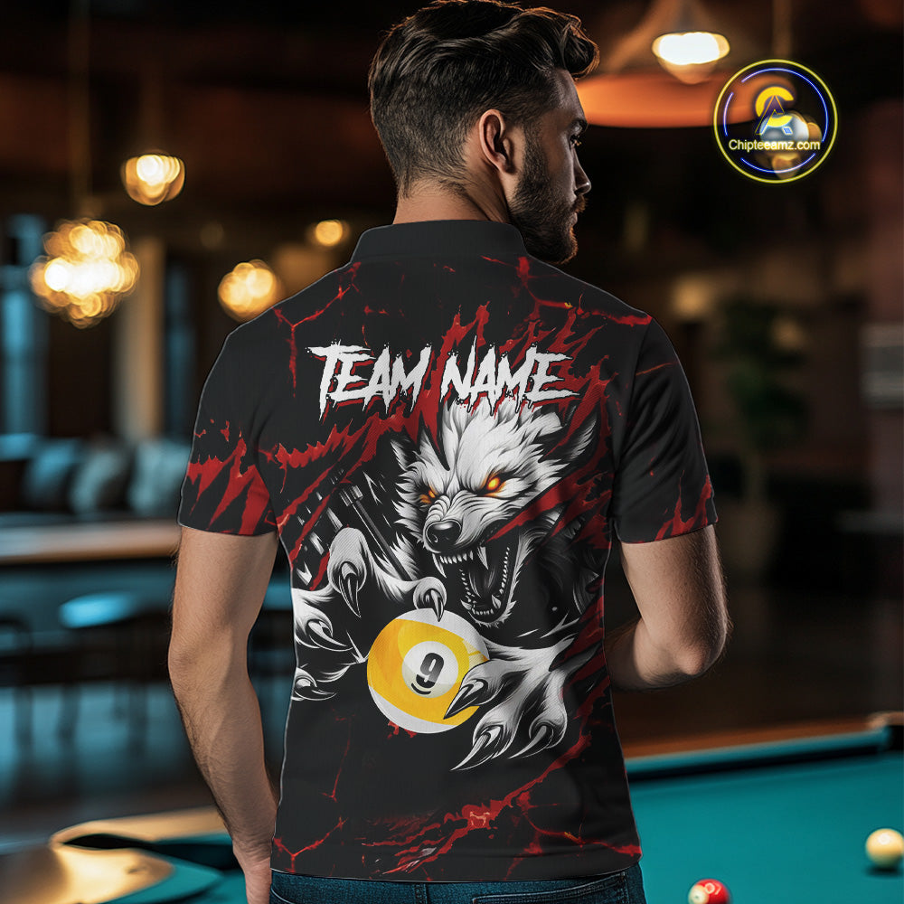 Personalized 9 Ball Pool Wolf Billiard Shirts For Men, Billiard Team Jersey Polo & 1/4 Zip |Red TDM4505