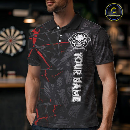 Personalized Skull Black Grunge Darts Polo & Quarter Zip For Men Custom Darts Team Jersey |Red TDM5378