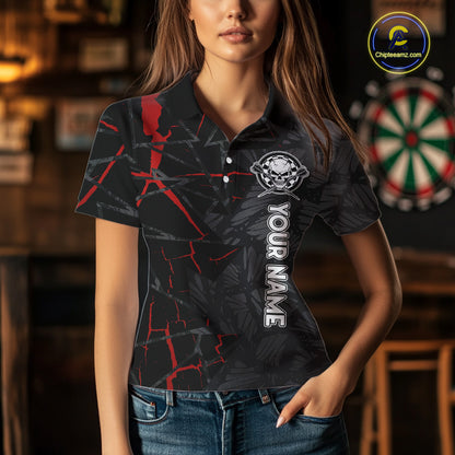 Personalized Skull Black Grunge Darts Polo & Quarter Zip For Women Custom Darts Team Jersey |Red TDM5378