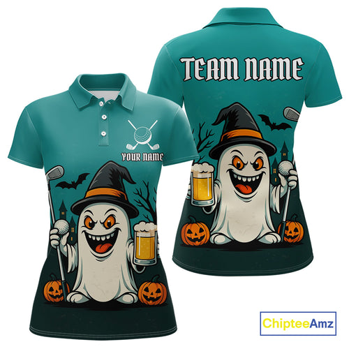 Funny Ghostly Beer Halloween Golf Polo Shirt For Women Custom Halloween Ladies Golf Outfit TDM4944