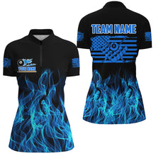 Load image into Gallery viewer, 3D Blue Flaming American Flag Women Billiard Shirt Custom Patriotic Pool Player Shirt Billiard Jersey TDM3163