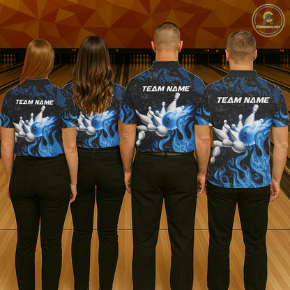 Blue Flaming Bowling Jersey For Women Custom Fire Bowling Pin Team Jersey Polo & Quarter Zip Shirts TDM6267