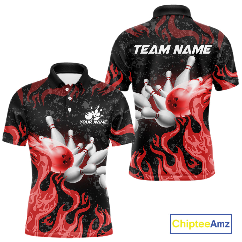 Red Flaming Bowling Jersey For Men Custom Fire Bowling Pin Team Jersey Polo & Quarter Zip Shirts TDM6268