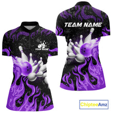 Load image into Gallery viewer, Purple Flaming Bowling Jersey For Women Custom Fire Bowling Pin Team Jersey Polo &amp; Quarter Zip TDM6269