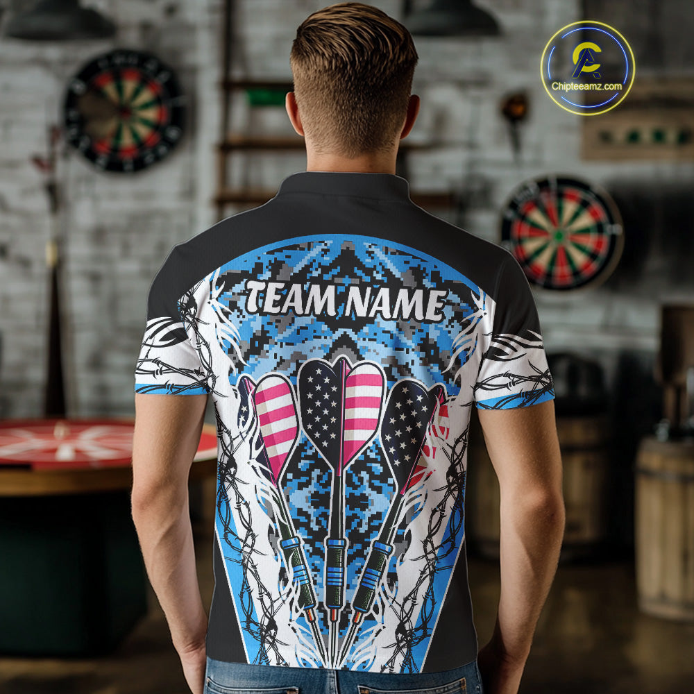 Blue Grunge Camo Funny US Flag Arrows Darts Shirt For Men Custom Darts Jersey Team Shirts TDM4524