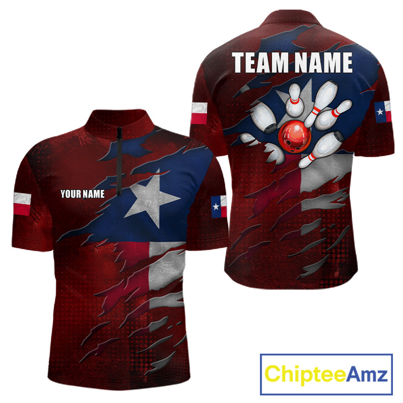 Retro Texas flag bowling quarter zip shirt for men designed for tournaments and league play.