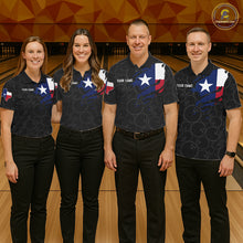 Load image into Gallery viewer, Bowling team wearing matching US flag Texas bowling jerseys during tournament play front view.