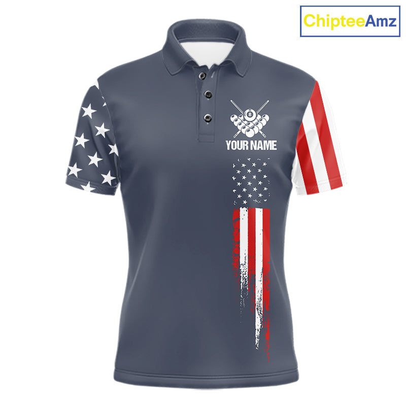 Personalized navy American flag 8 ball pool billiard team jersey polo shirt for men, custom patriotic pool league apparel and tournament jersey.